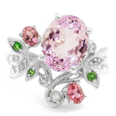 クンツァイト ピンクトルマリン グリーンガーネット ローズカットダイヤモンドリング 天の織物 K18ホワイトゴールド 11 サイズ変更承りますインスピレーションジュエリー 限定１本 送料無料 春色ピンク ローズカットダイヤ カラーストーンのオーダージュエリー